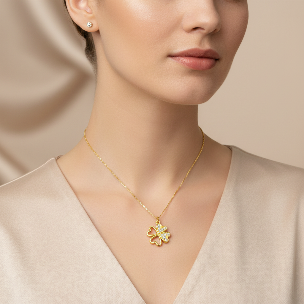 Gold necklace with a clover pendant worn by a model against a beige background
