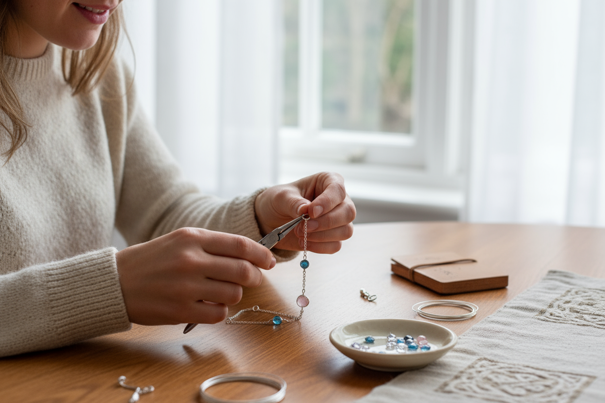 A jewellery maker handcrafting a birthstone bracelet with Austrian crystals at Magpie Gems studio in County Cork, Ireland.