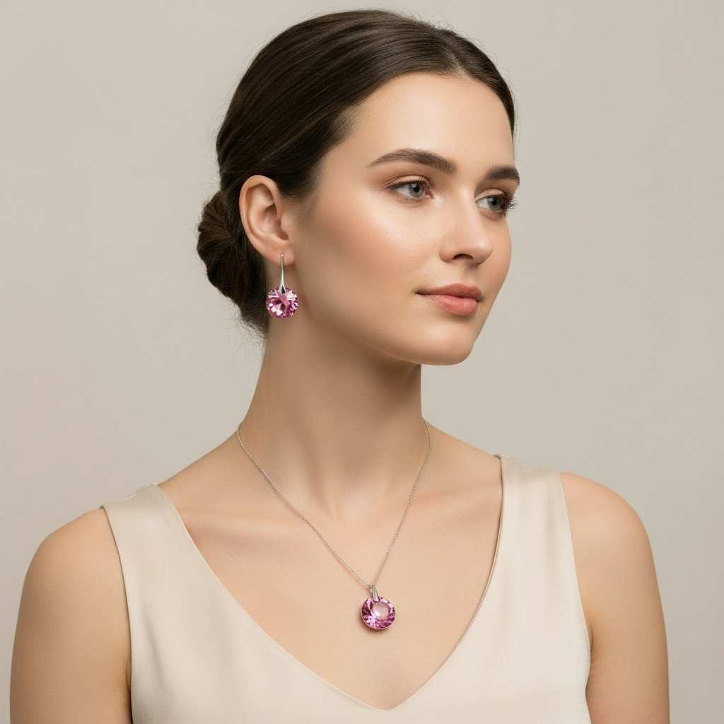 Woman wearing sterling silver October birthstone jewellery set with 14mm Rose Austrian crystal drop earrings and matching pendant, handcrafted in Ireland by Magpie Gems.