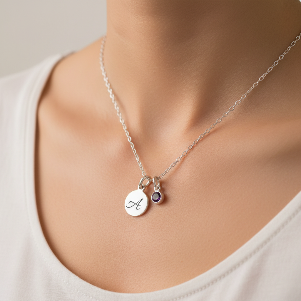 Silver necklace with initial letter and birthstone charms on a person wearing a white top, made in Ireland by Magpie Gems.