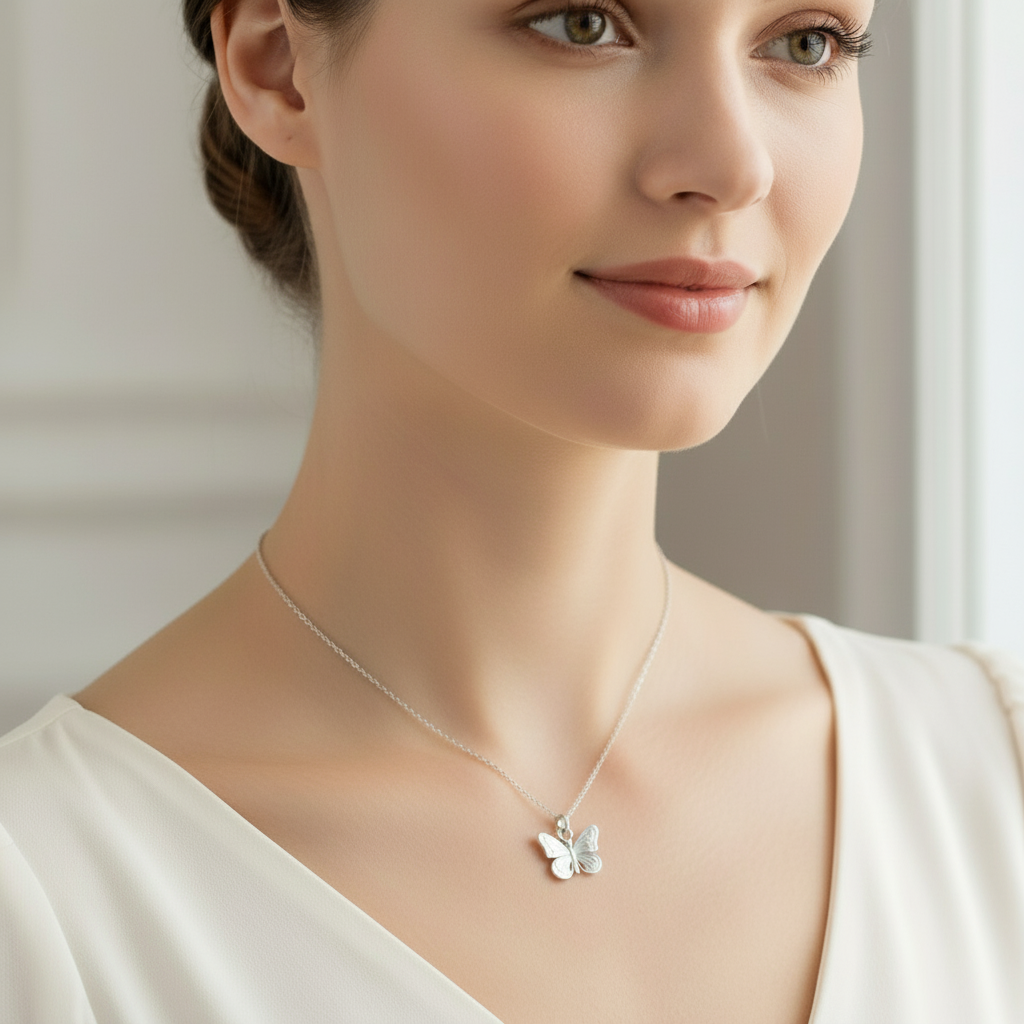 Woman wearing a silver butterfly pendant necklace against a neutral background