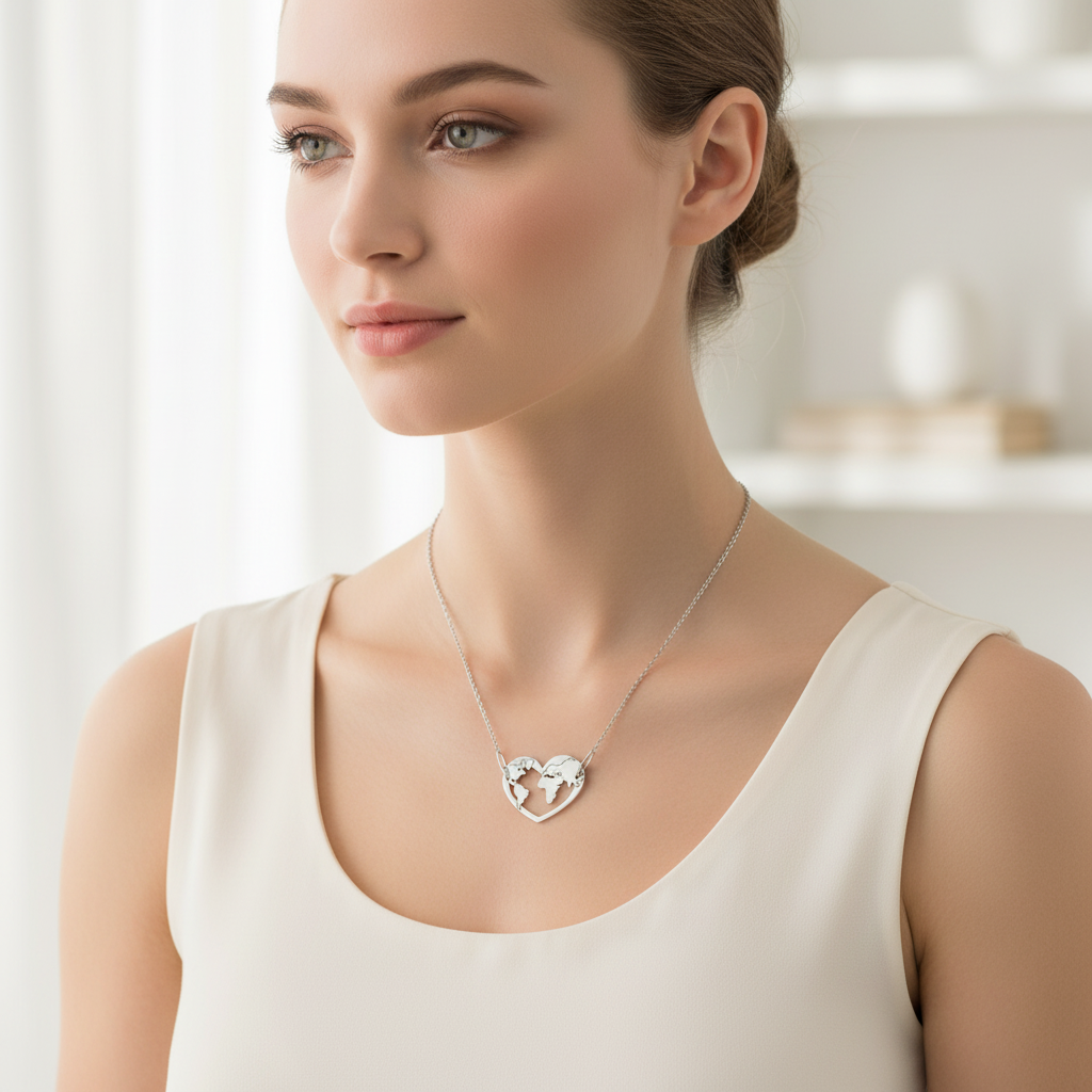 Woman wearing a silver necklace with a heart-shaped world map pendant against a blurred indoor background