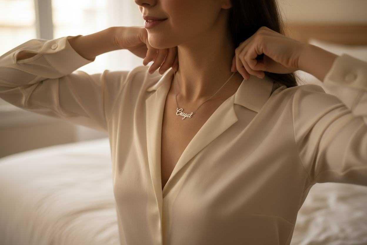 A woman fastening her personalised silver name necklace, handmade in Ireland by Magpie Gems.