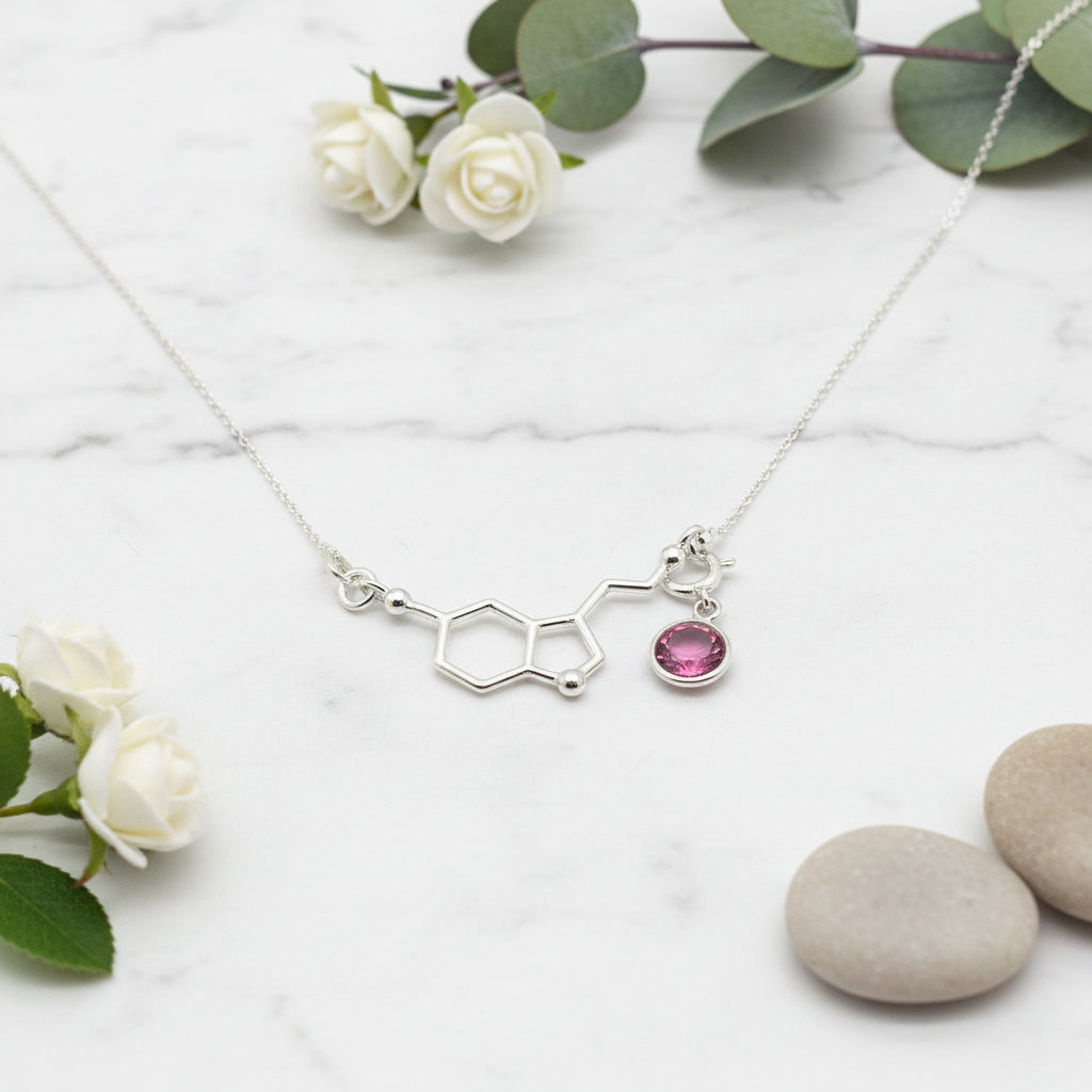Be Happy Silver Charm Necklace | Serotonin Molecule with a Birthstone, [product type], - Personalised Silver Jewellery Ireland by Magpie Gems