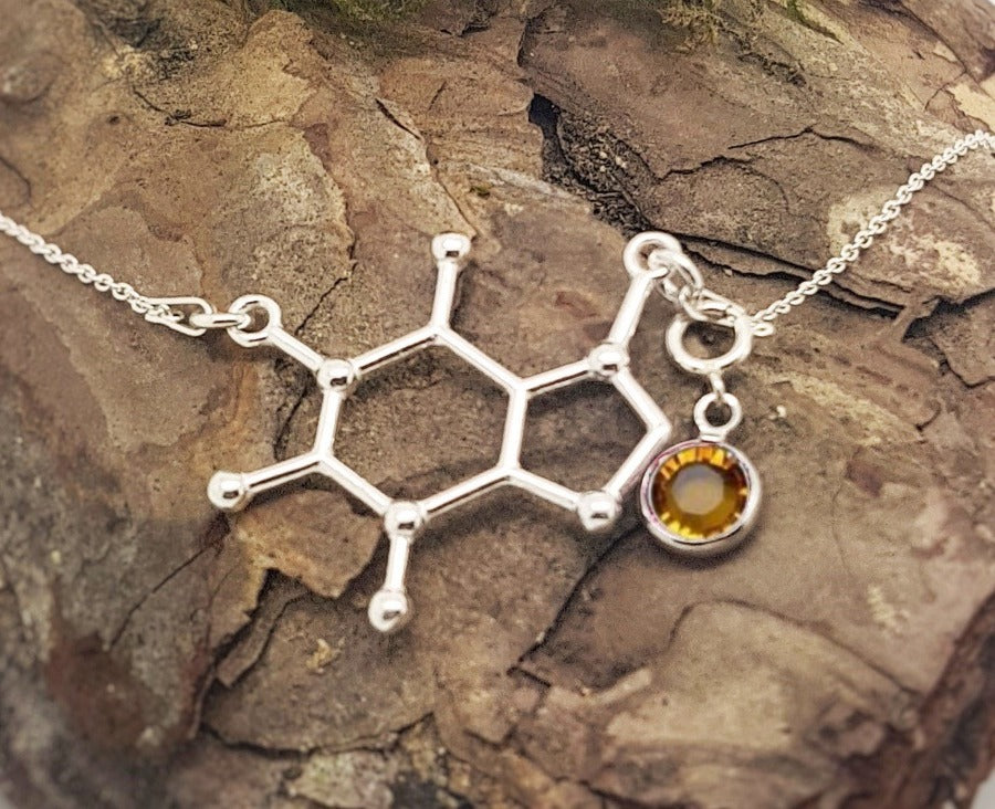 BE ACTIVE Charm Necklace | Caffeine Molecule with a Birthstone, [product type], - Personalised Silver Jewellery Ireland by Magpie Gems