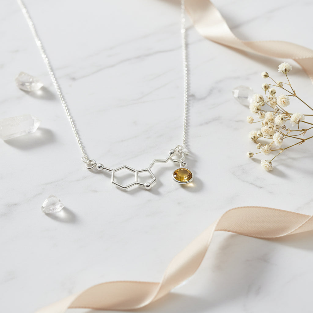 Be Happy Silver Charm Necklace | Serotonin Molecule with a Birthstone, [product type], - Personalised Silver Jewellery Ireland by Magpie Gems