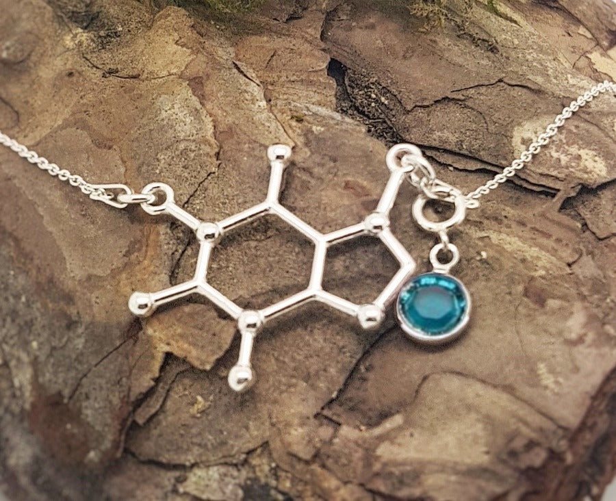 BE ACTIVE Charm Necklace | Caffeine Molecule with a Birthstone, [product type], - Personalised Silver Jewellery Ireland by Magpie Gems