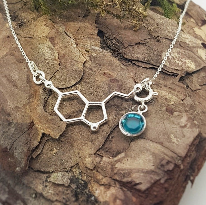 Be Happy Silver Charm Necklace | Serotonin Molecule with a Birthstone, [product type], - Personalised Silver Jewellery Ireland by Magpie Gems