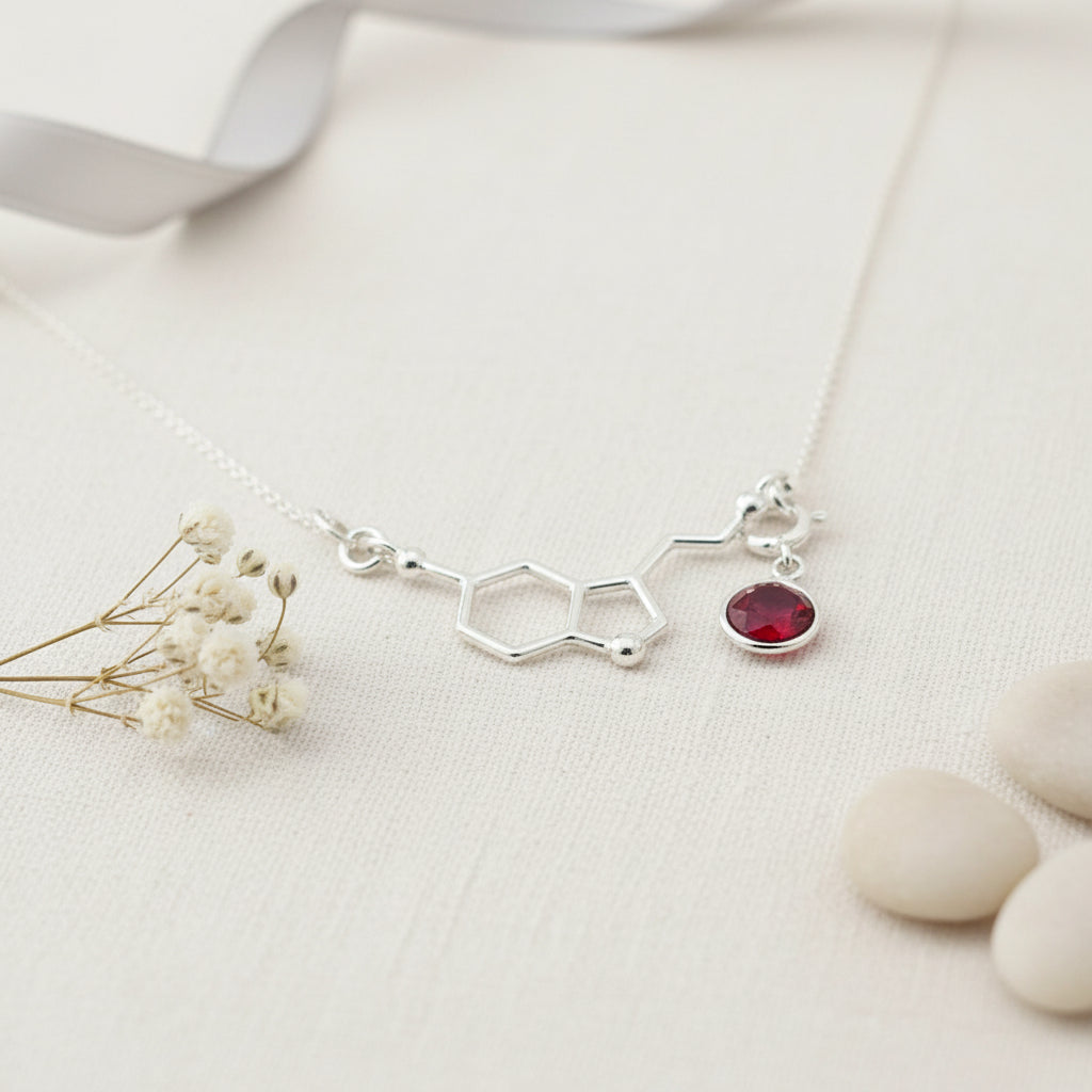 Be Happy Silver Charm Necklace | Serotonin Molecule with a Birthstone, [product type], - Personalised Silver Jewellery Ireland by Magpie Gems