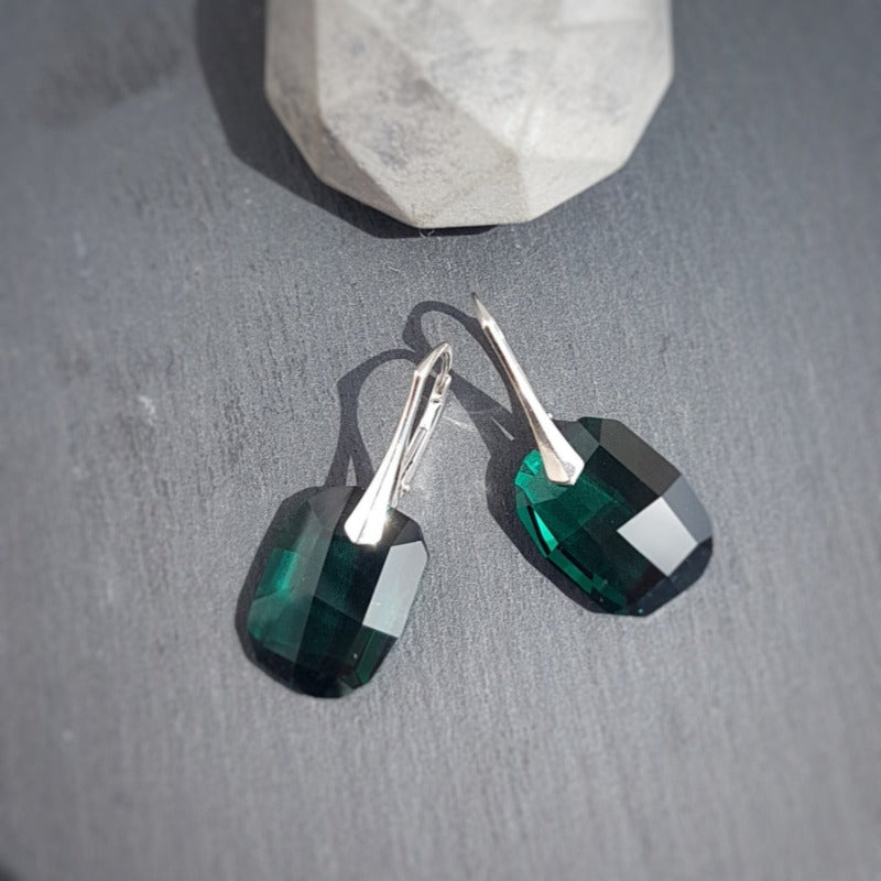 Large Graphic Emerald Green Crystal Earrings in Sterling Silver, [Graphic Emerald Silver 925 Leverback Earrings], - Personalised Silver Jewellery Ireland by Magpie Gems