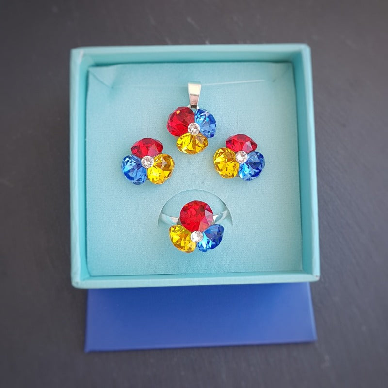 Red, Yellow, Blue silver jewellery set for women to wear with romania traditional IA costume, in a gift box from Ireland