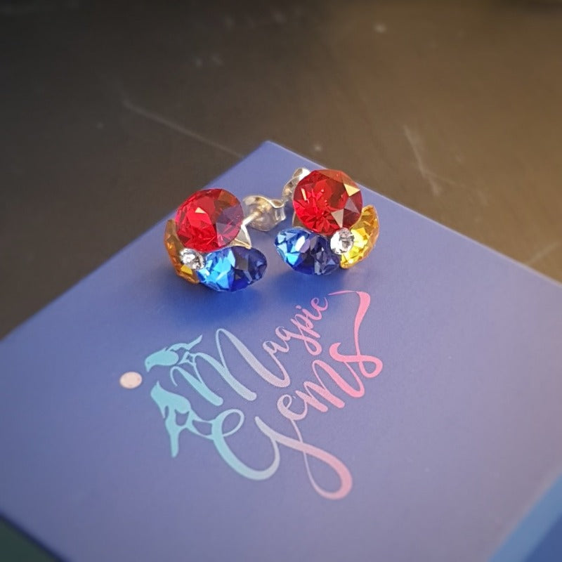 Red, Yellow, Blue silver stud earrings on gift box by Magpie Gems Silver Jewellery Ireland
