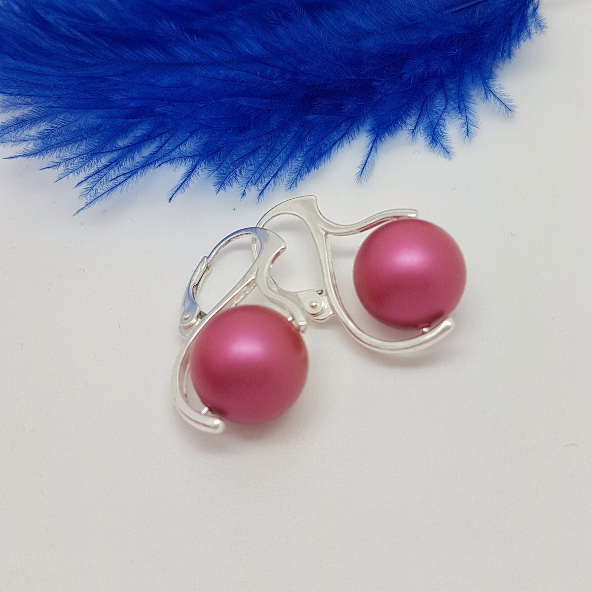Crystal Pearl Luster Earrings in Mulberry Pink color, drop style, leverback fitting, by Magpie Gems Ireland