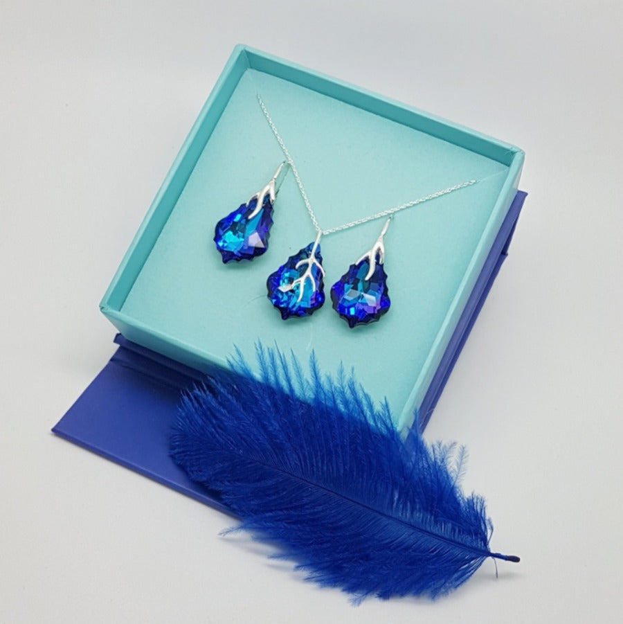 Vibrant multicoloured Bermuda Blue rainbow crystal leverback earrings and necklace jewellery set with sterling silver lever back, earrings for pierced ears. Sparkly and classy, will compliment any attire with its baroque Austrian Crystals