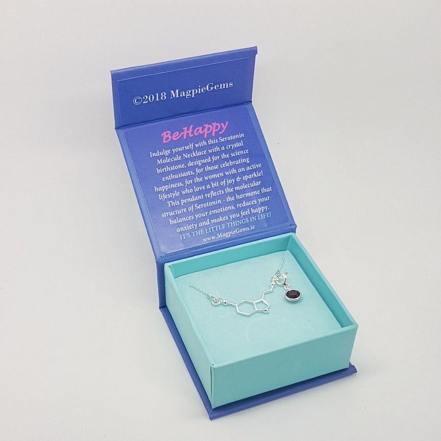 Gift boxed Serotonin happiness molecule in Silver, Shop Ireland Be Happy Silver necklace with birthstone