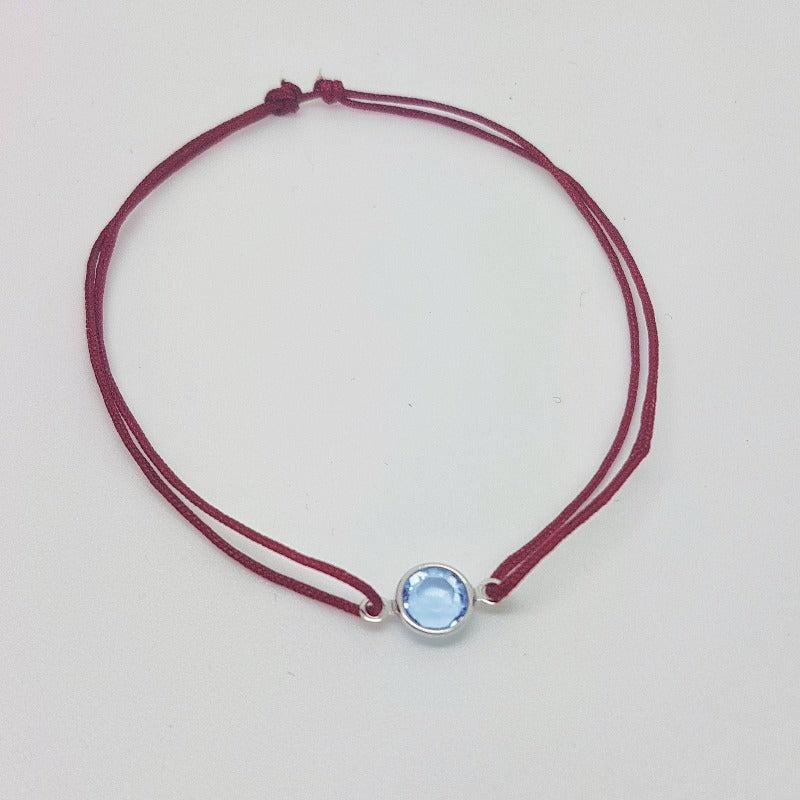 Aquamarine blue Birthstone crystal adjustable knot bracelet in red, Shop in Ireland, Gift Boxed