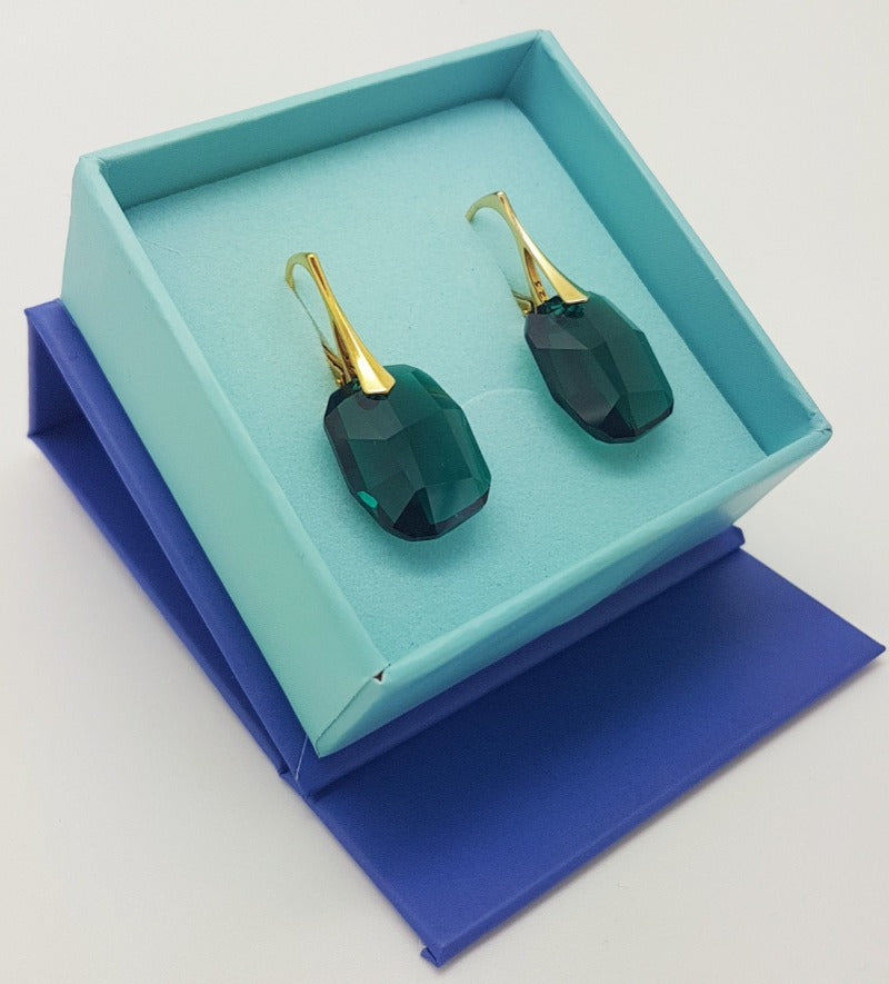 Large Graphic Emerald Green Crystal Earrings | 24k Gold plated, [Graphic Emerald Gold Leverback Earrings], - Personalised Silver Jewellery Ireland by Magpie Gems