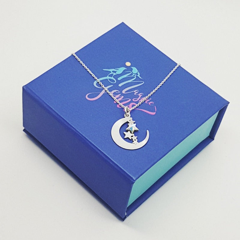 Beautifully packaged sterling silver necklace in Magpie Gems gift box, You are my moon and stars silver necklace with silver crescent moon by Magpie Gems Jewellery Cork Ireland in blue gift box