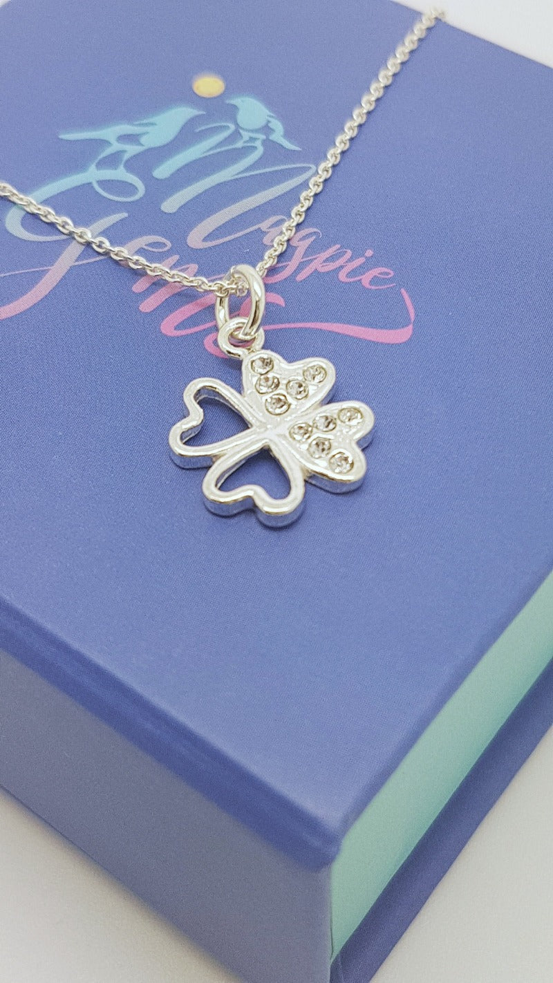 Silver clover pendant with crystal stone necklace by Magpie Gems Jewellery Ireland