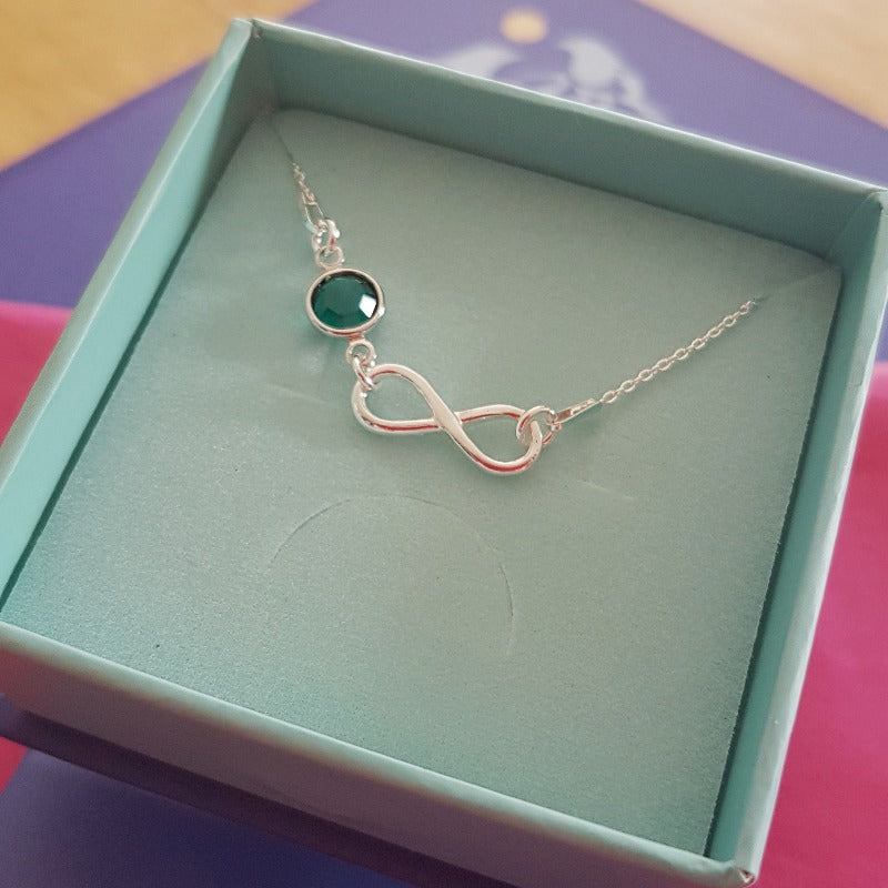 Personalised Infinity Necklace - Sterling Silver with Custom Birthstone Crystal