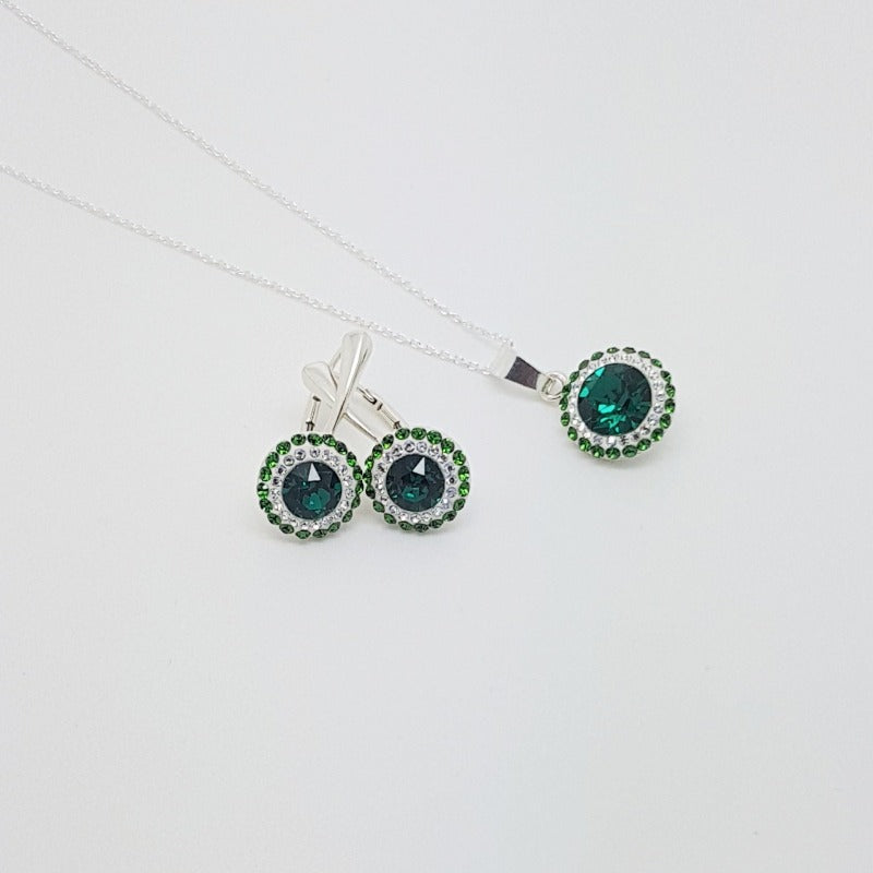 Emerald Green Halo earrings and pendant silver necklace made in Ireland