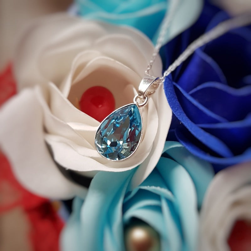 Aquamarine blue silver teardrop pendant necklace in Ireland