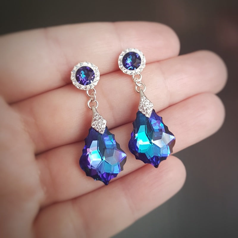 Long drop heliotrope purple silver earrings with purple baroque stone and diamonte crystals. Ireland