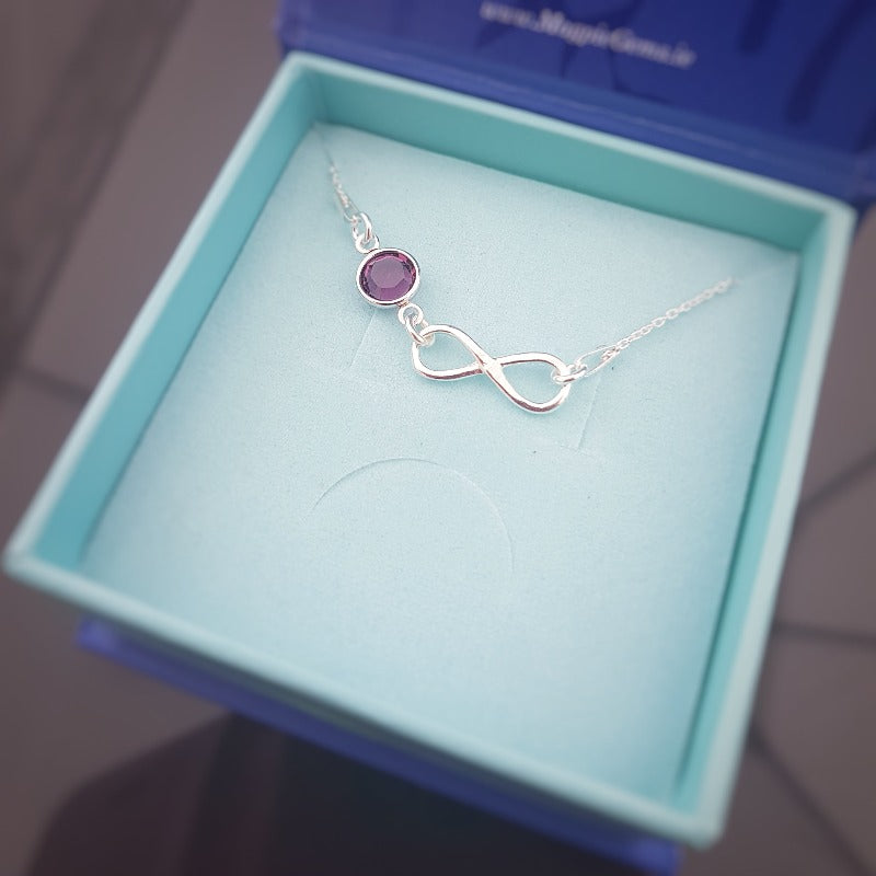 Silver infinity pendant with birthstone crystal | Customise it