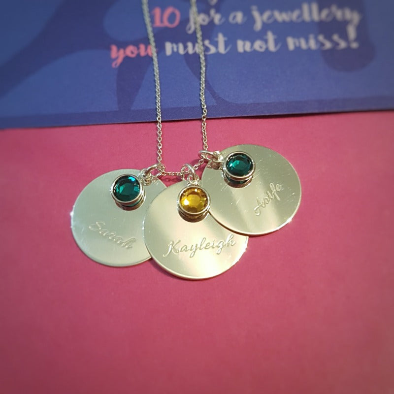 Handmade in Ireland, sterling silver disc necklace with birthstones & engraved names. Perfect gift for a special woman & her loved ones #birthstonenecklace
