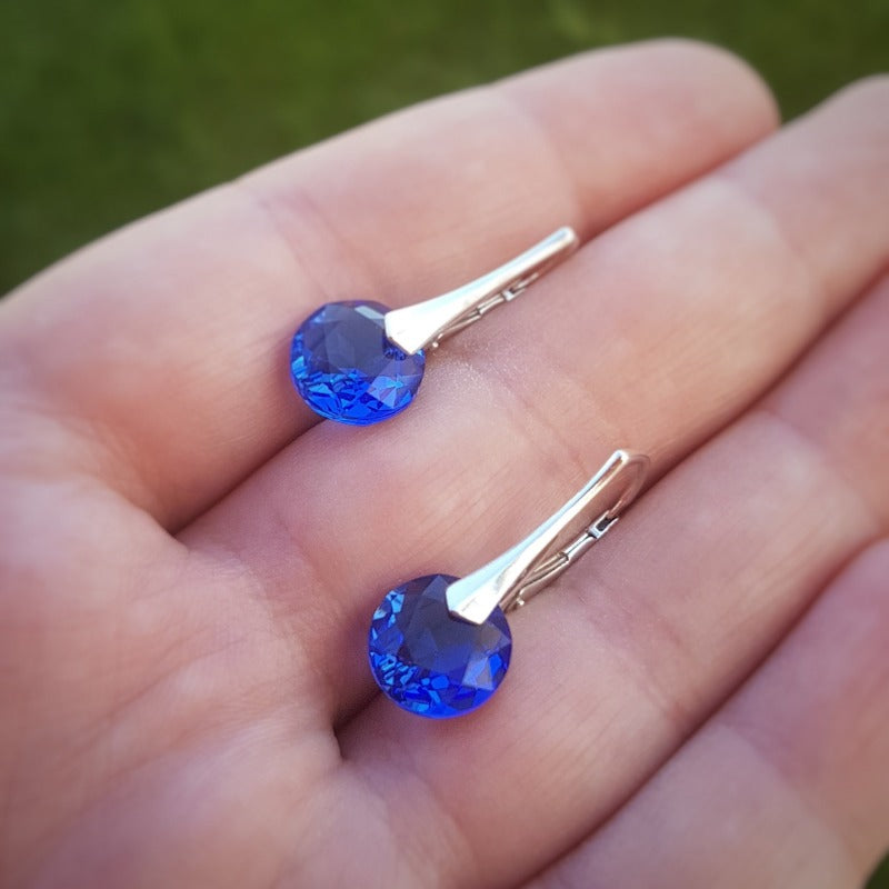 Sapphire blue round Silver earrings with secure lever back for women and girls, shop in Ireland jewellery gift boxed