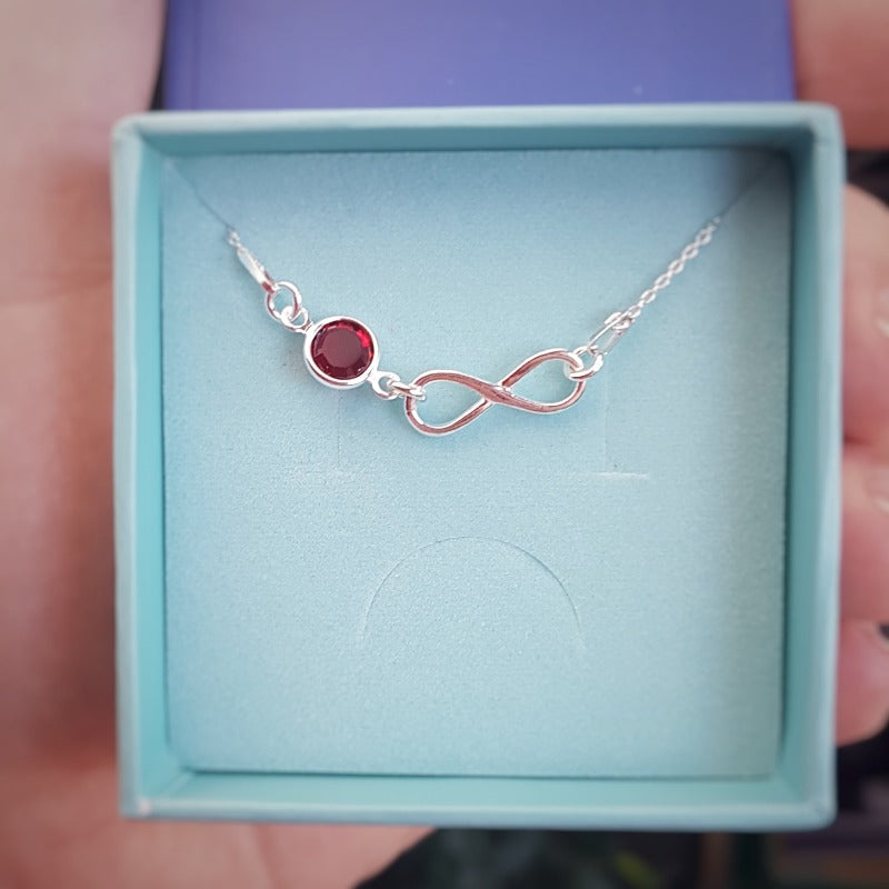 Silver infinity pendant with birthstone crystal | Customise it