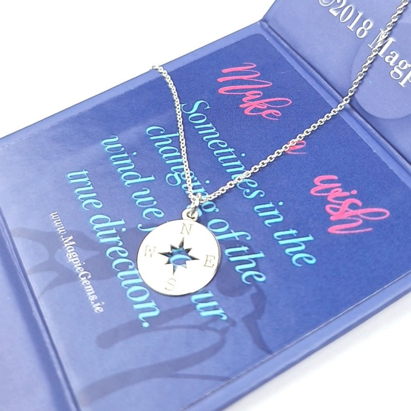Silver compass pendant necklace with gift message in Ireland