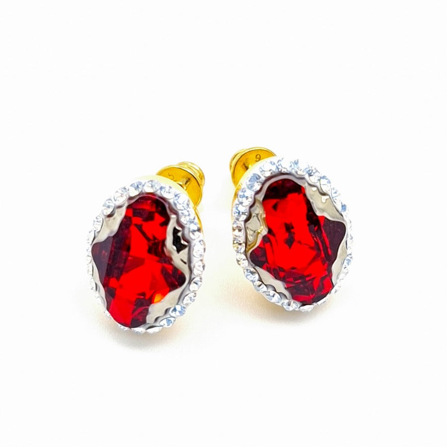 Red Halo Stud Earrings in sterling silver gold, gold oval tribe post earrings by Magpie Gems Ireland