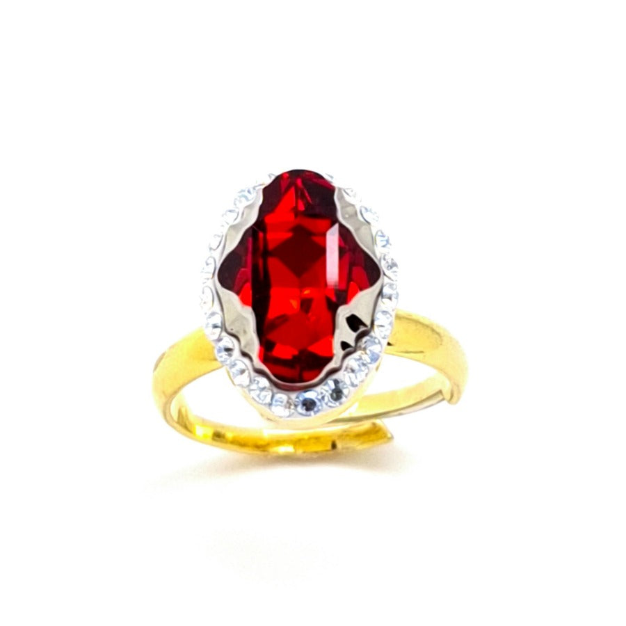 Red Oval Tribe Halo Solitaire Ring in sterling silver gold, Adjustable ring by Magpie Gems Ireland