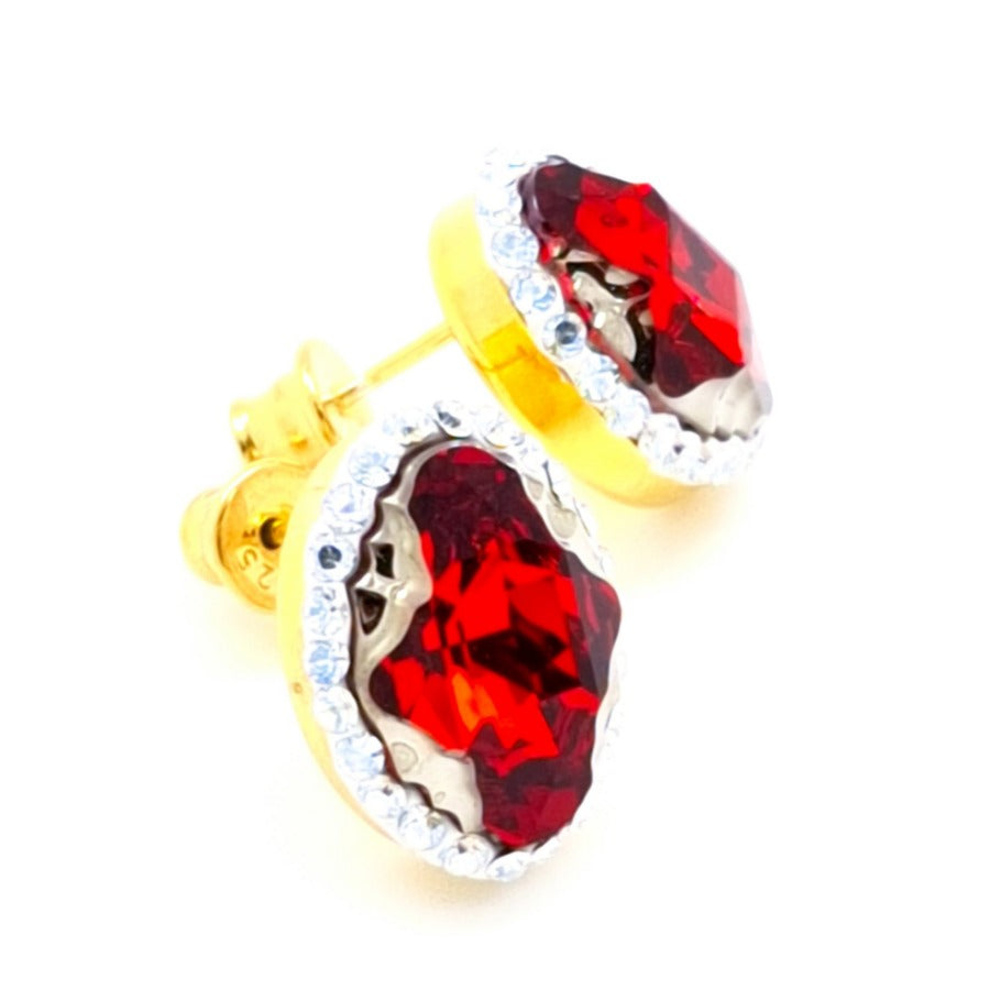Oval Tribe Red Halo Stud Earrings in sterling silver gold, gold oval tribe post earrings by Magpie Gems Ireland