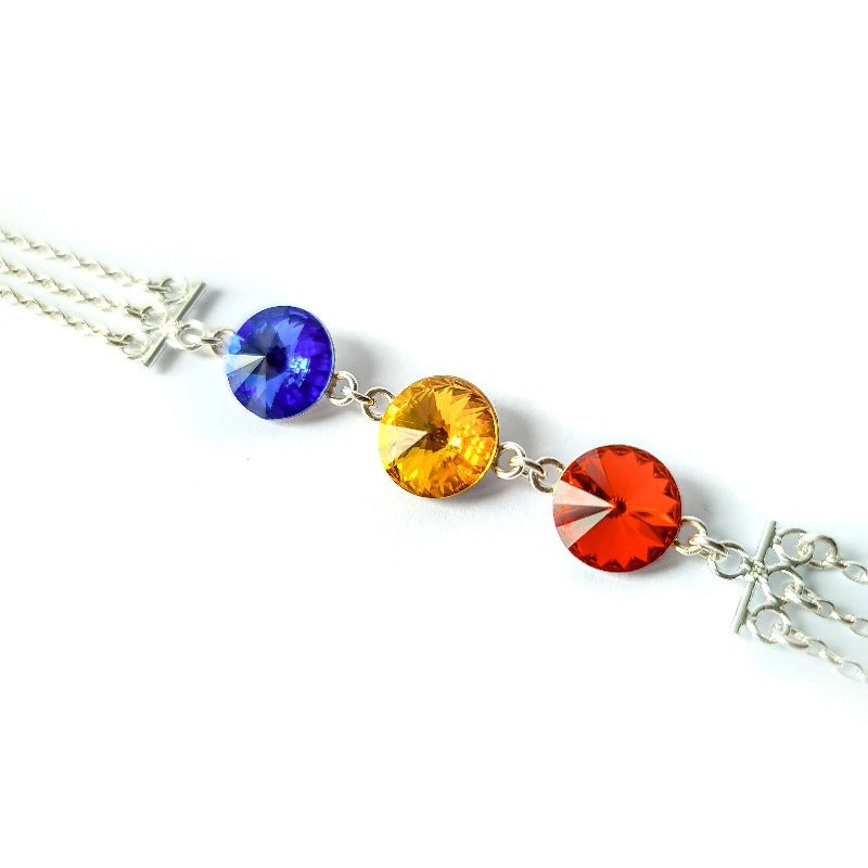 Romanian Tricolour Bracelet - Silver with Blue, Yellow, and Red Rivoli Stones