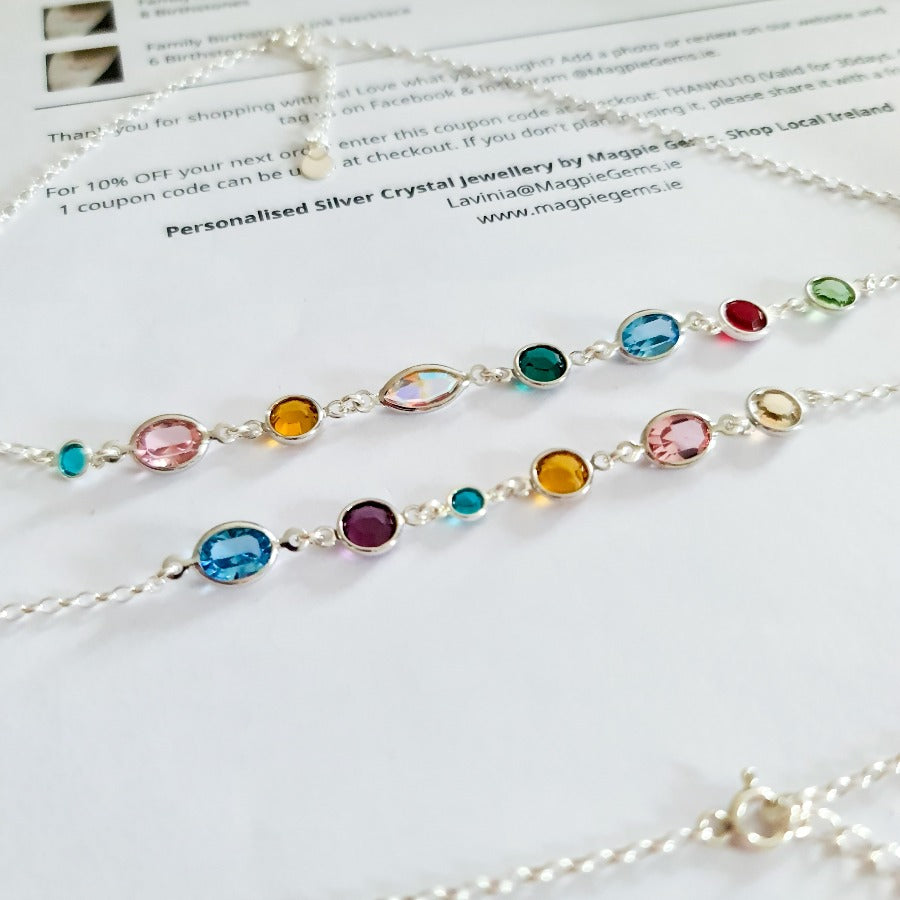 Multiple family birthstones silver necklace, Gift boxed, Shop from Ireland