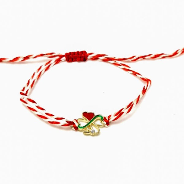 Infinity clover with red heart and flower with crystal  gold plated charm, red macramé cord string bracelet shop in Ireland