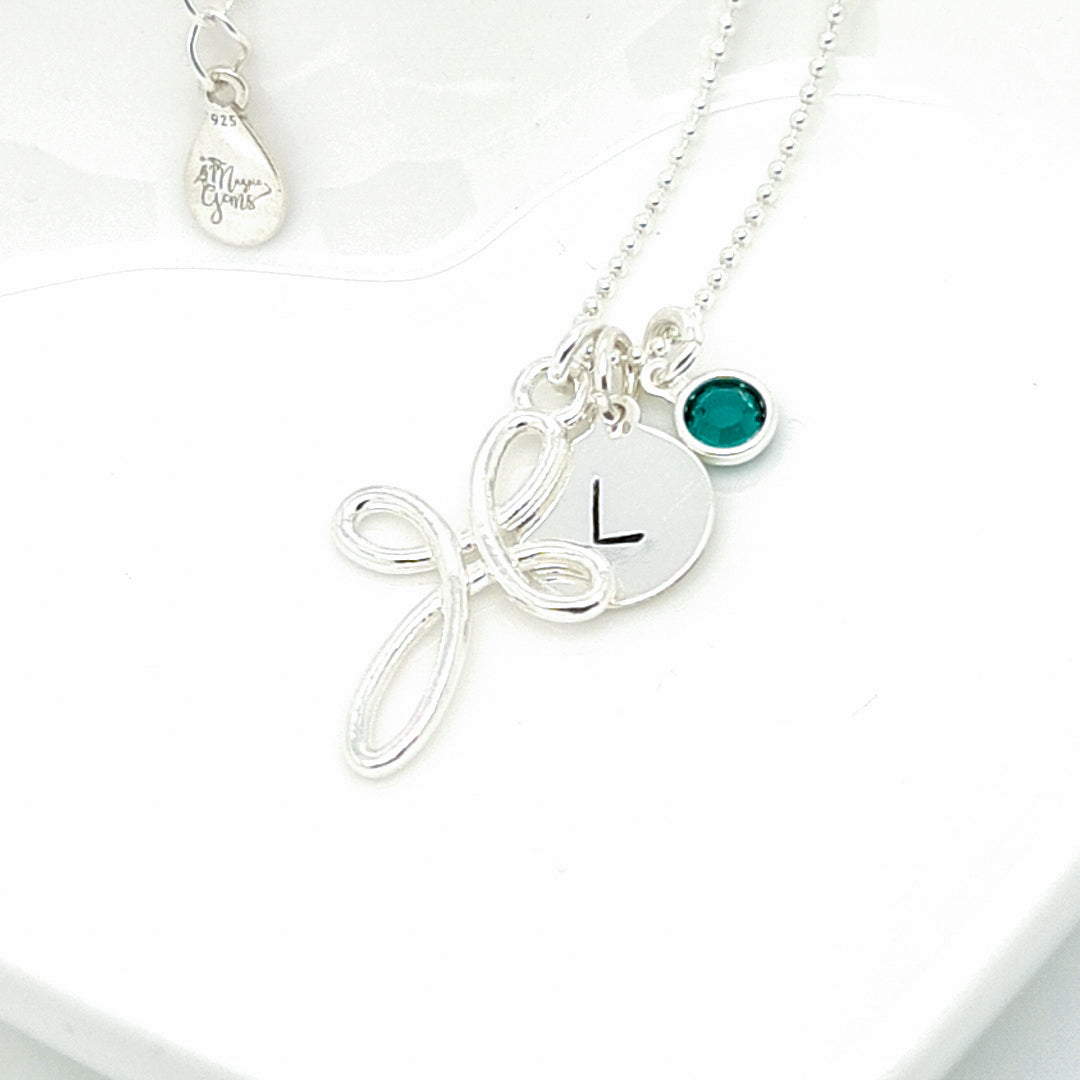 Eternity Cross Personalized Silver Necklace with Birthstone and Initial