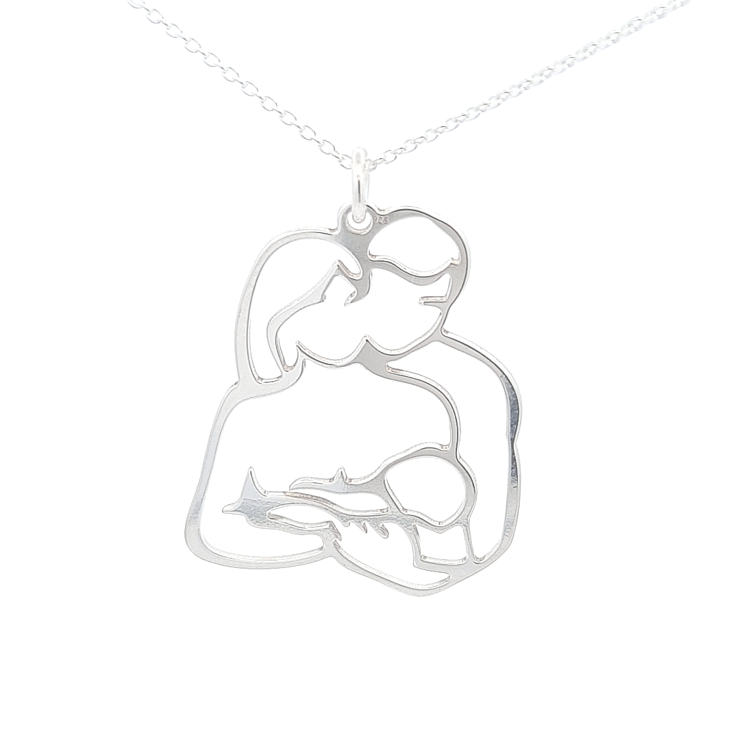 Unconditional Love Silver Necklace with pendant featuring a father holding a mother who is holding a baby, made of nickel-free sterling silver by Magpie Gems. Ireland