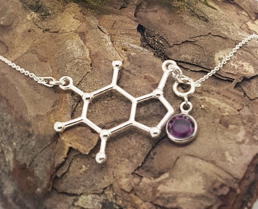 BE ACTIVE Charm Necklace | Caffeine Molecule with a Birthstone, [product type], - Personalised Silver Jewellery Ireland by Magpie Gems