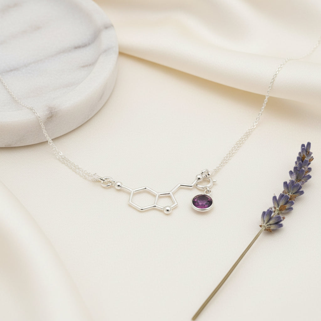 Be Happy Silver Charm Necklace | Serotonin Molecule with a Birthstone, [product type], - Personalised Silver Jewellery Ireland by Magpie Gems
