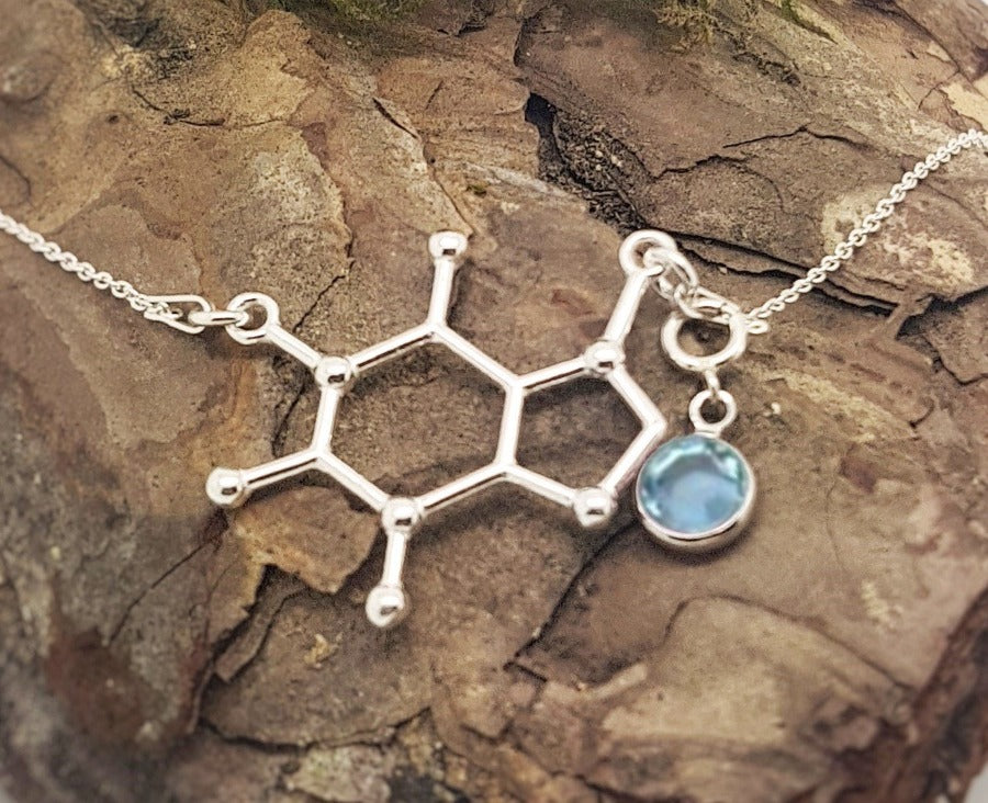 BE ACTIVE Charm Necklace | Caffeine Molecule with a Birthstone, [product type], - Personalised Silver Jewellery Ireland by Magpie Gems