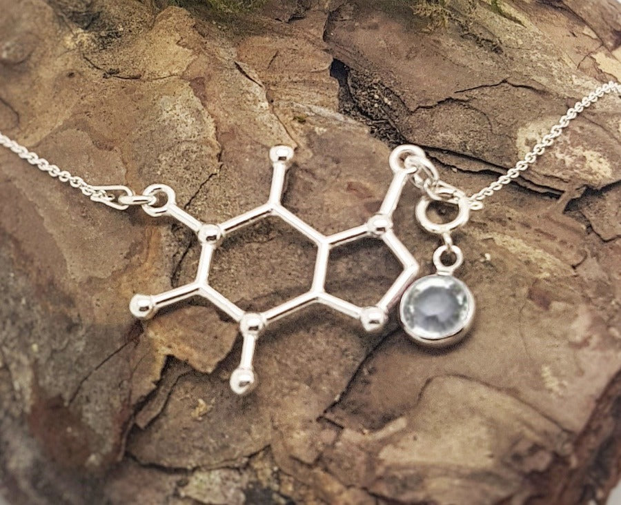 BE ACTIVE Charm Necklace | Caffeine Molecule with a Birthstone, [product type], - Personalised Silver Jewellery Ireland by Magpie Gems