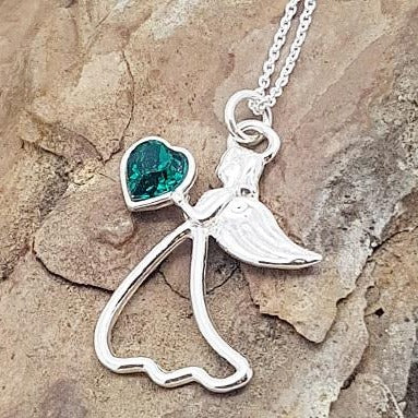 silver angel with emeral green heart pendant necklace from ireland with gift box