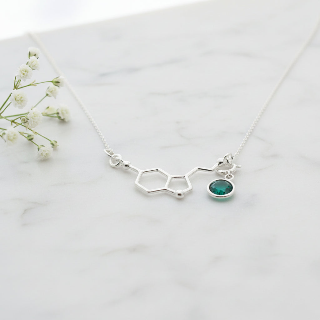 Be Happy Silver Charm Necklace | Serotonin Molecule with a Birthstone, [product type], - Personalised Silver Jewellery Ireland by Magpie Gems