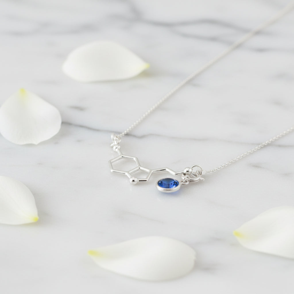 Be Happy Silver Charm Necklace | Serotonin Molecule with a Birthstone, [product type], - Personalised Silver Jewellery Ireland by Magpie Gems