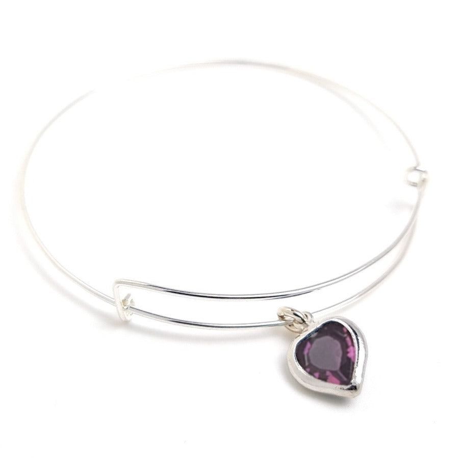 Heartfelt Bangle Bracelet - Sterling Silver Bangle with Heart Charm - Amethyst Heart Charm - Birthstone for February
