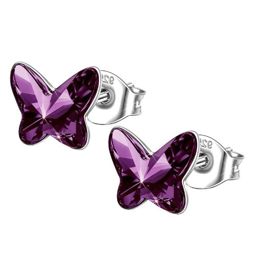 A pair of small silver stud earrings with Amethyst Crystals, the February Birthstone, perfect for girls, teens and women alike.
