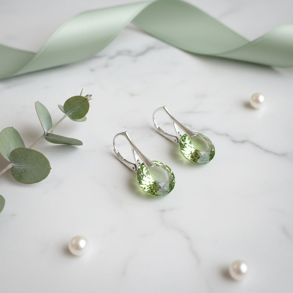 Round Peridot crystal drop earrings with leverback hooks, as August birthstone. Personalised Silver Jewellery Ireland by Magpie Gems